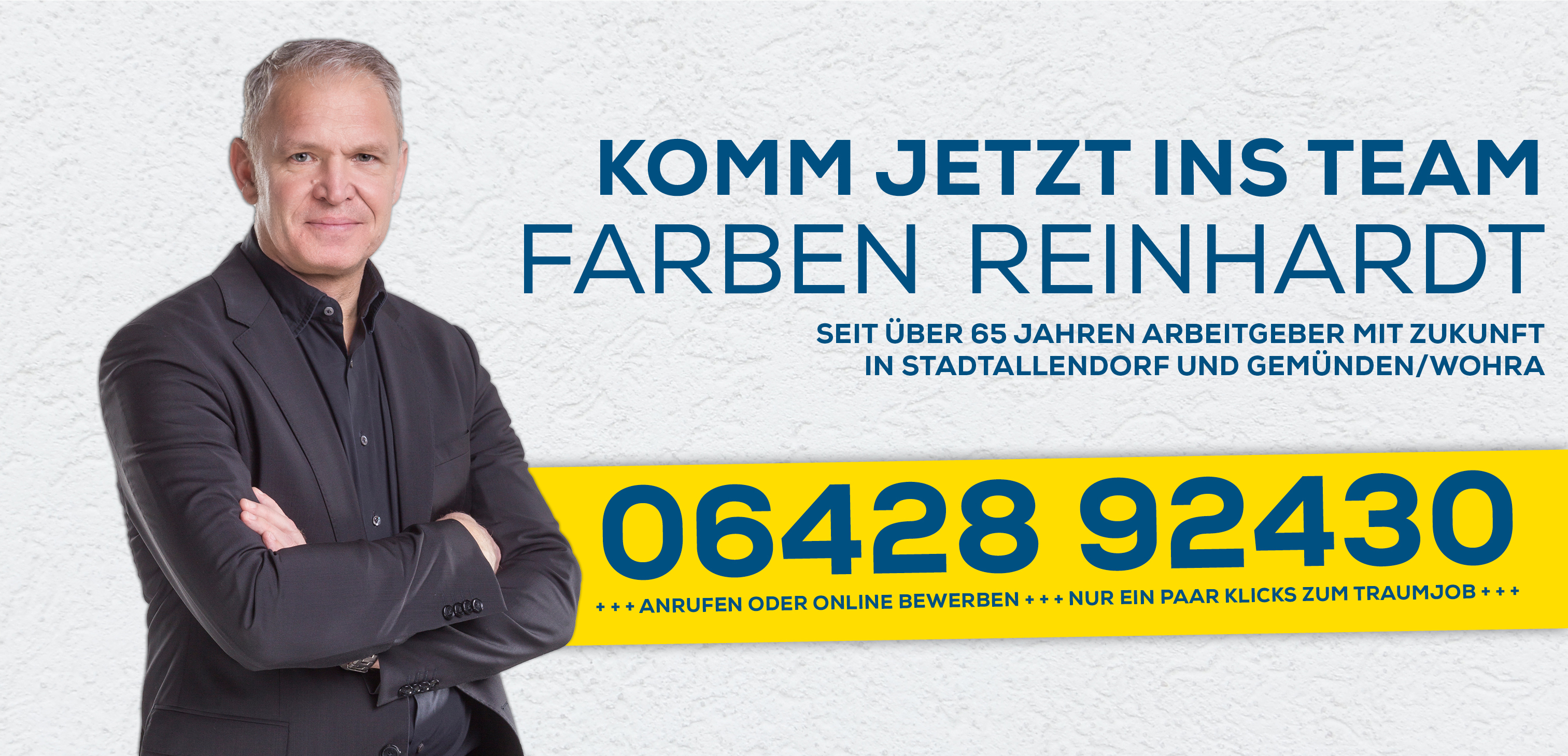 Heiko Reinhardt mit dem Kontaktaufruf sich zu bewerben, man sieht die Telefonnummer und den Call to Action zu den Stellenangeboten zu gehen